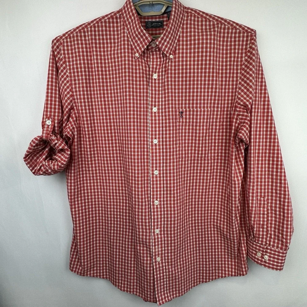 Arrow Button Down Shirt Men's XL Tall Long Sleeves  Orange Plaid‎